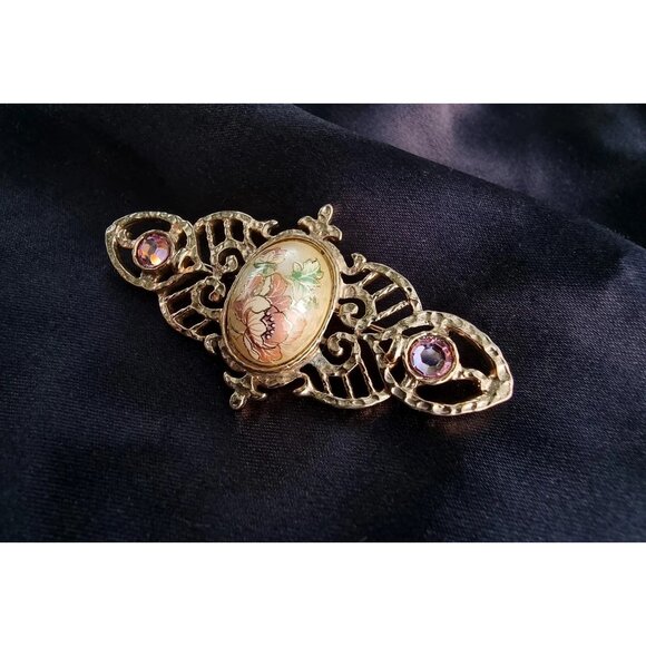 Vintage 1928 Floral Enamel Brooch Set Gold-Tone Filigree - Picture 5 of 6